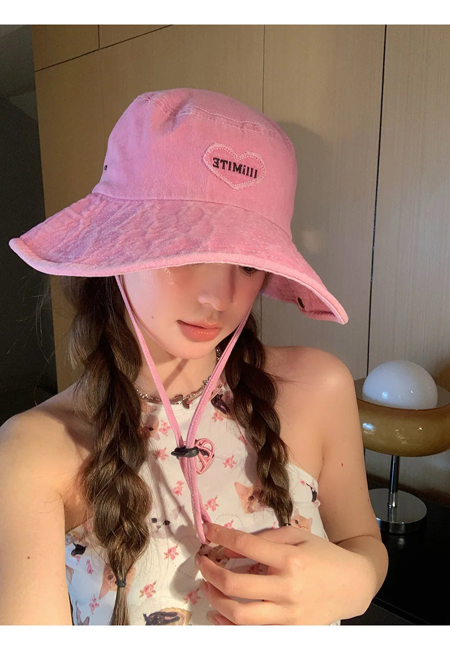 Japanese Retro Washed Cowboy Hats for Women Spring and Summer Outdoor Camping Sun Protection Sweet Pink Love Bucket Caps
