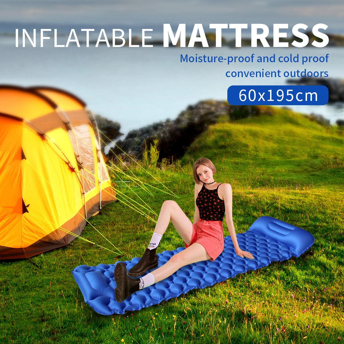Outdoor Sleeping Pad with Pillow Ultralight, 77”*23.6”*2.4” Inflatable Camp Sleeping Mattress for Adult