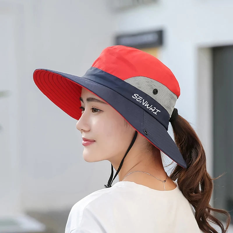 Camping Hiking Bucket Hat Wide Brim Quick Drying Breathable Traveling Foldable Sunshade Sun Ponytail Cap With Chin Strap