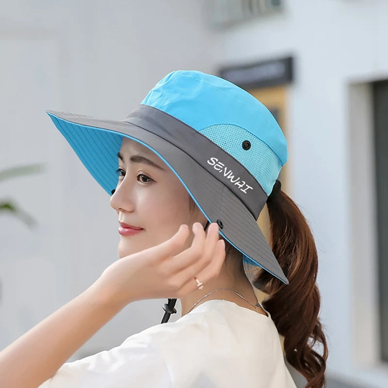 Camping Hiking Bucket Hat Wide Brim Quick Drying Breathable Traveling Foldable Sunshade Sun Ponytail Cap With Chin Strap