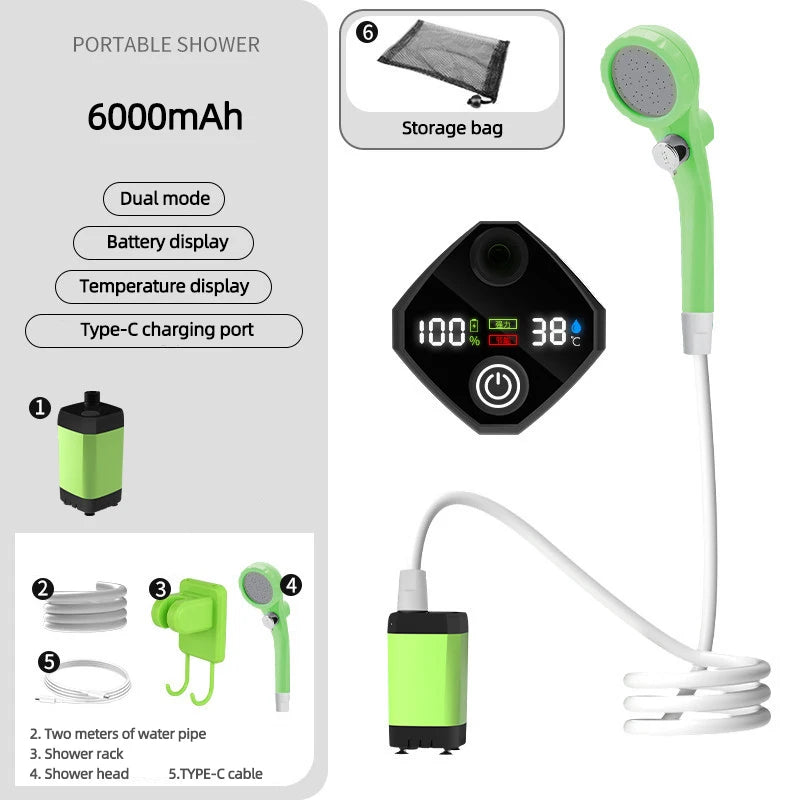 Portable Shower for Camping 6000mAh Rechargeable Camping Shower with Shower Head Intelligent LED Display Electric Shower Pump