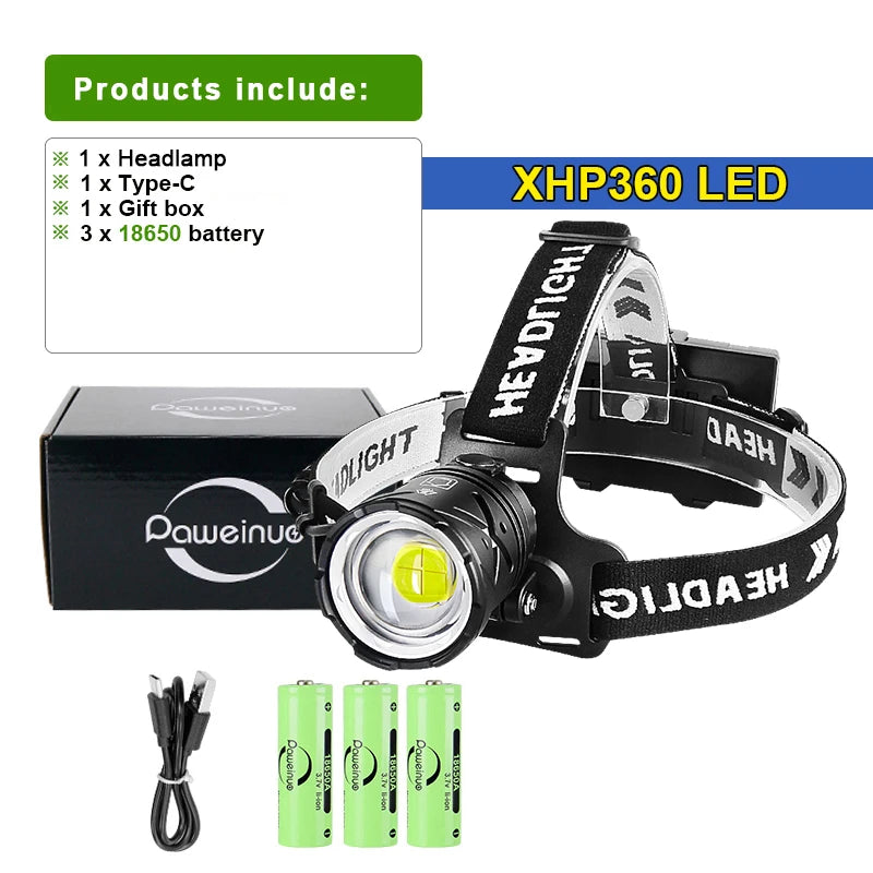 80000LM Powerful Headlamp USB Rechargeable Headlight Flashlight Large aperture XHP360 LED Head lamp Camping Fishing Head Lantern
