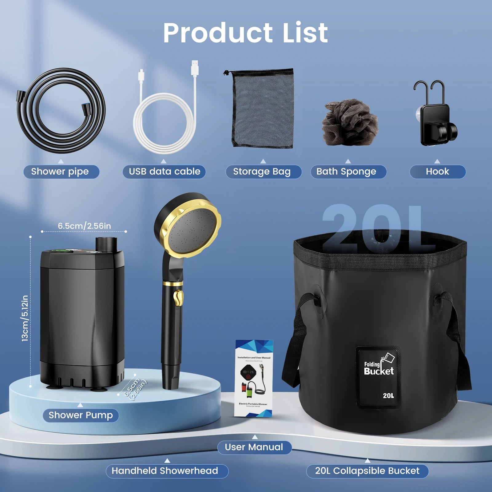 Portable Camping Shower with Rechargeable Pump 6000mAh Outdoor Shower Kit 20L Foldable Bag for Travel, Garden & Car Wash