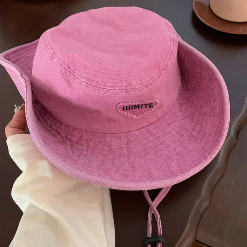 Japanese Retro Washed Cowboy Hats for Women Spring and Summer Outdoor Camping Sun Protection Sweet Pink Love Bucket Caps