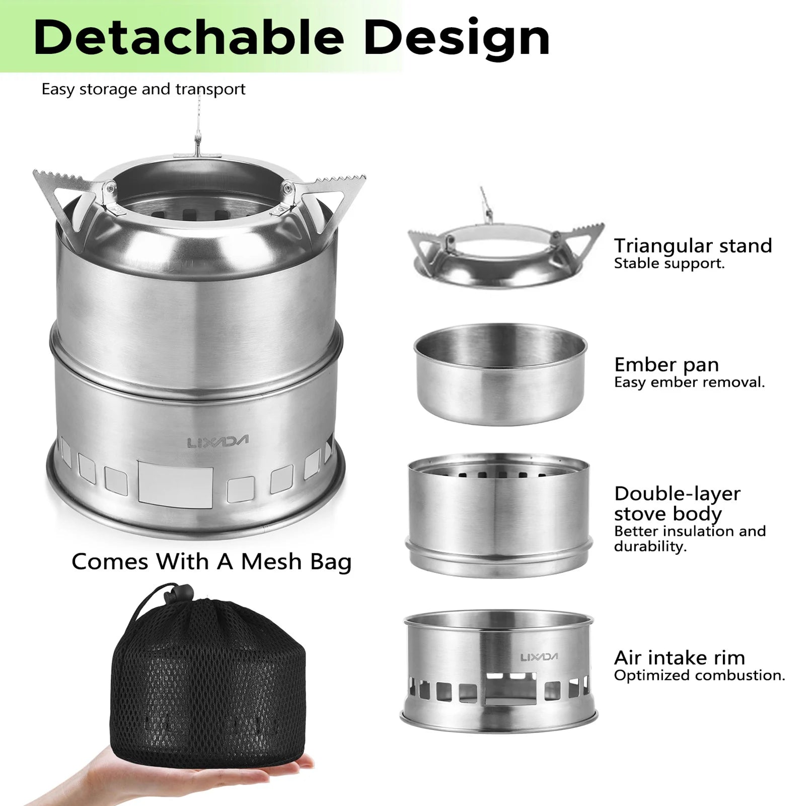 Camping Stove 3-in-1 Portable Stainless Steel Lightweight Wood Gas Solid Fuel Stoves for Outdoor Cooking Picnic BBQ