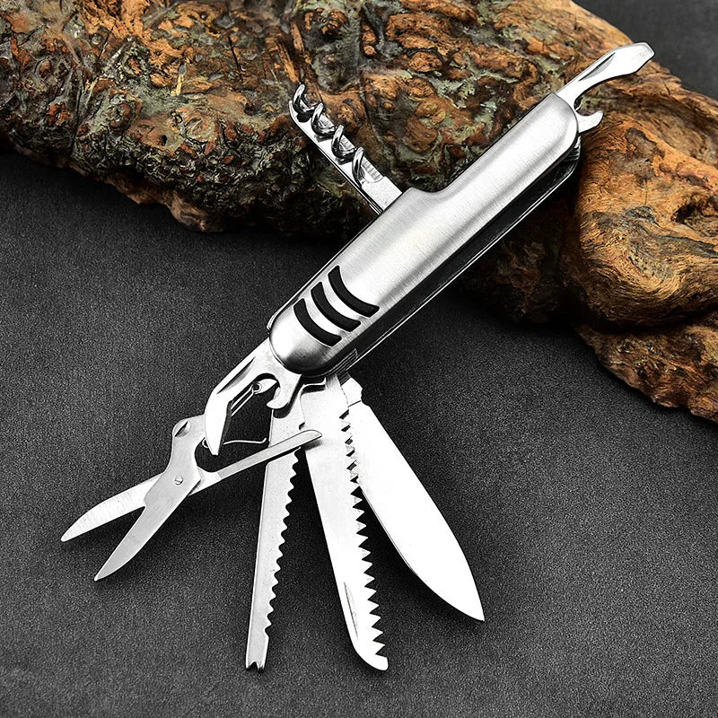 Portable 11 in 1 Fold Pocket knife Carry Around Multifunction Outdoor Emergency Tools Stainless Steel Bottle Opener Cork Drill