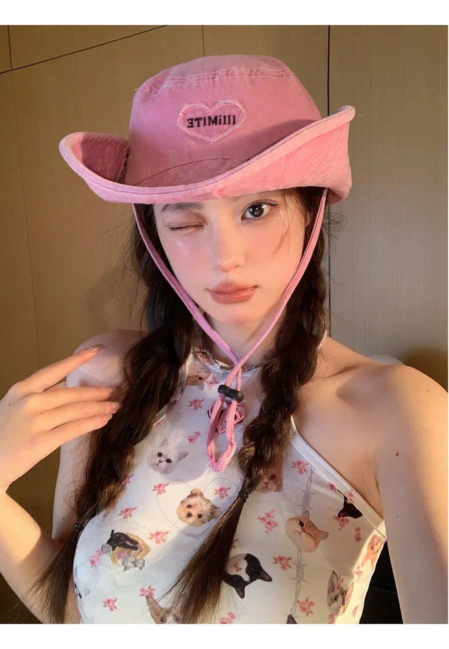 Japanese Retro Washed Cowboy Hats for Women Spring and Summer Outdoor Camping Sun Protection Sweet Pink Love Bucket Caps