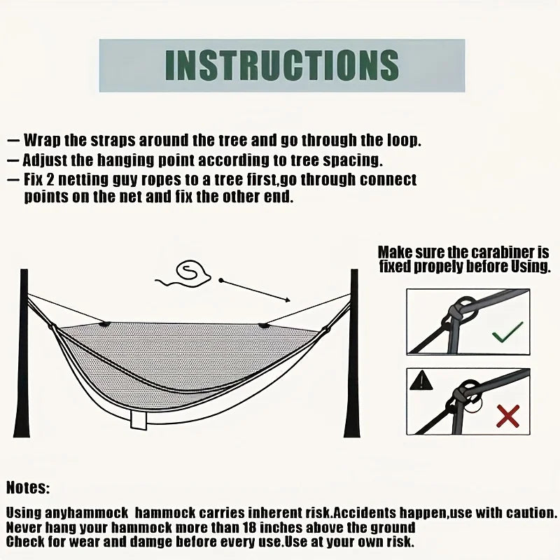 Portable outdoor camping hammock, suitable for backpacking, beach, backyard, garden, hiking, all seasons.