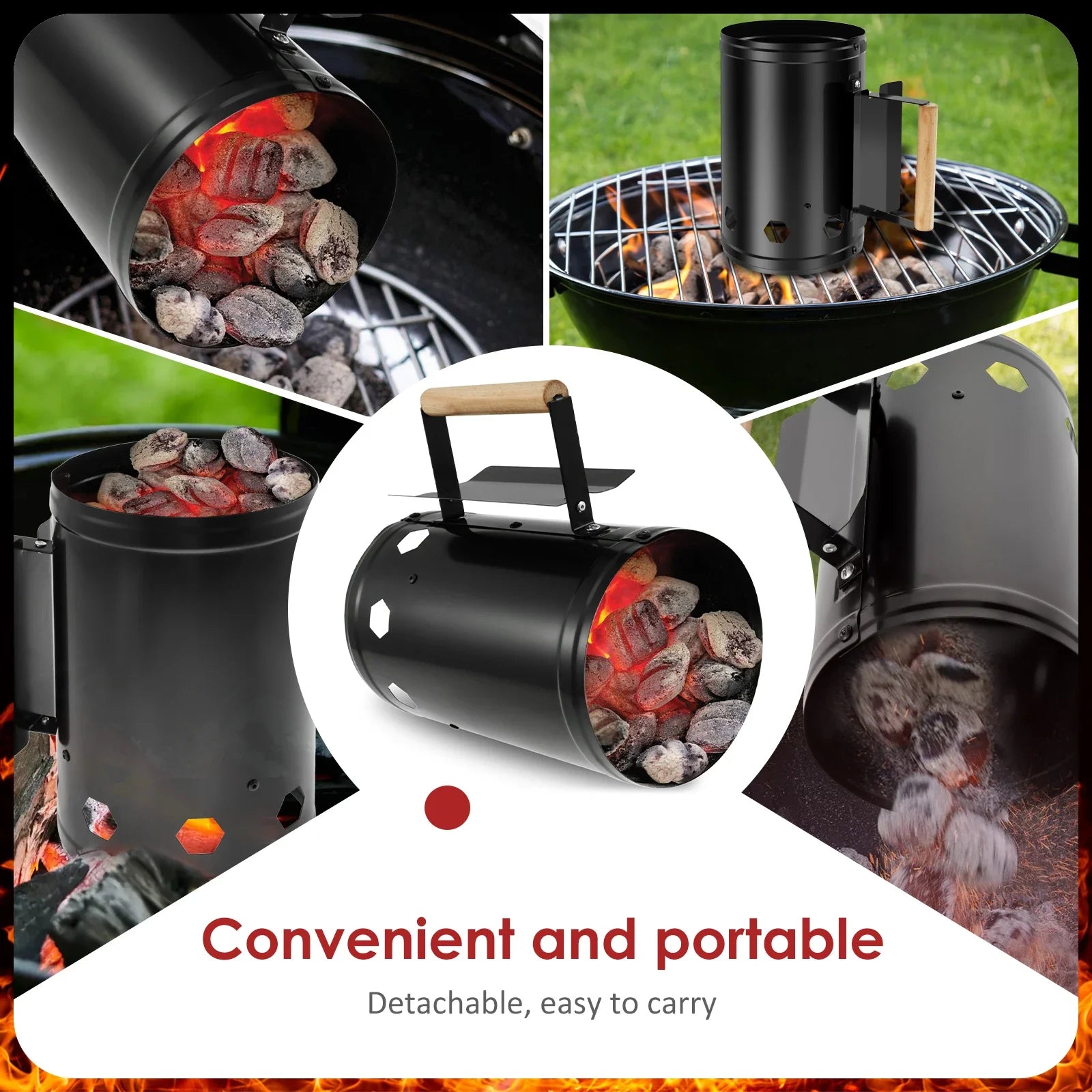 Charcoal Chimney Starter with Wood Handle Rapid BBQ Chimney Starter Fire Briquette Starters Can Canister For Grilling Tool