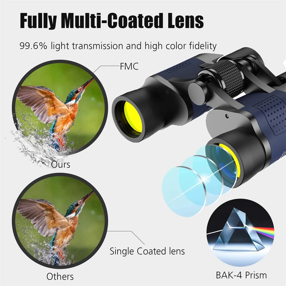 Professional 60x60 BAK4 Optical Binoculars Telescope Long Distance Portable Powerful HD Binocular for Hunting Traveling Outdoor