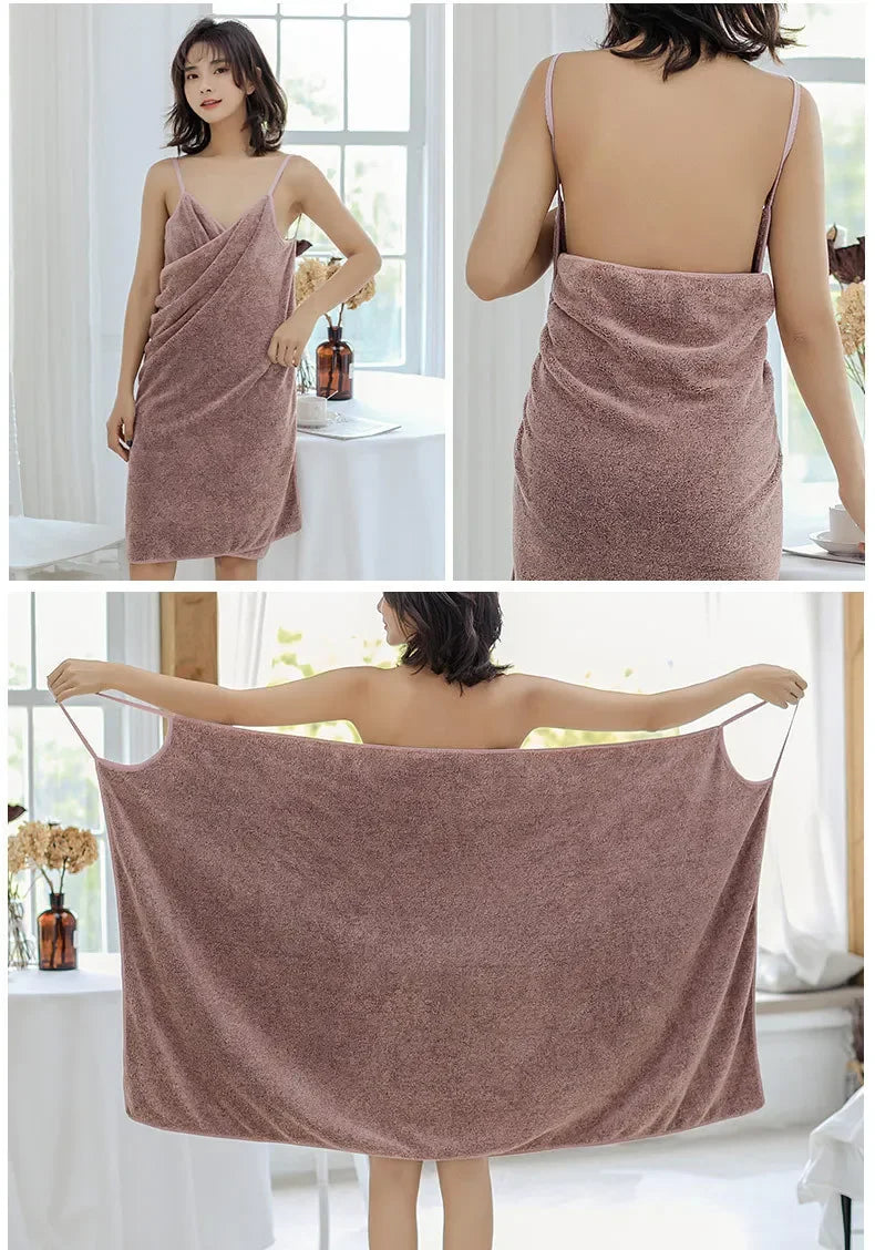 Quick Dry Sling  Wearable Bath Towel Bathrobe Dress for Shower Pool Spa Bathroom White Towel Wrap for Women
