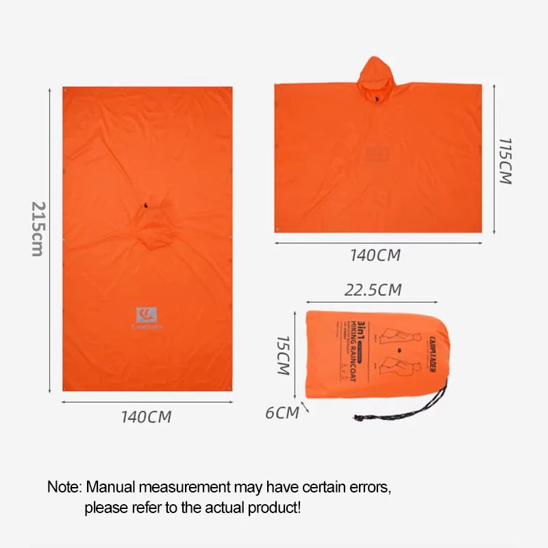 3 In 1 Outdoor Raincoat Hooded Sleeve Long Waterproof Rain Poncho Motorcycle Rain Cover Camping Hiking Travel Rainwear Tent