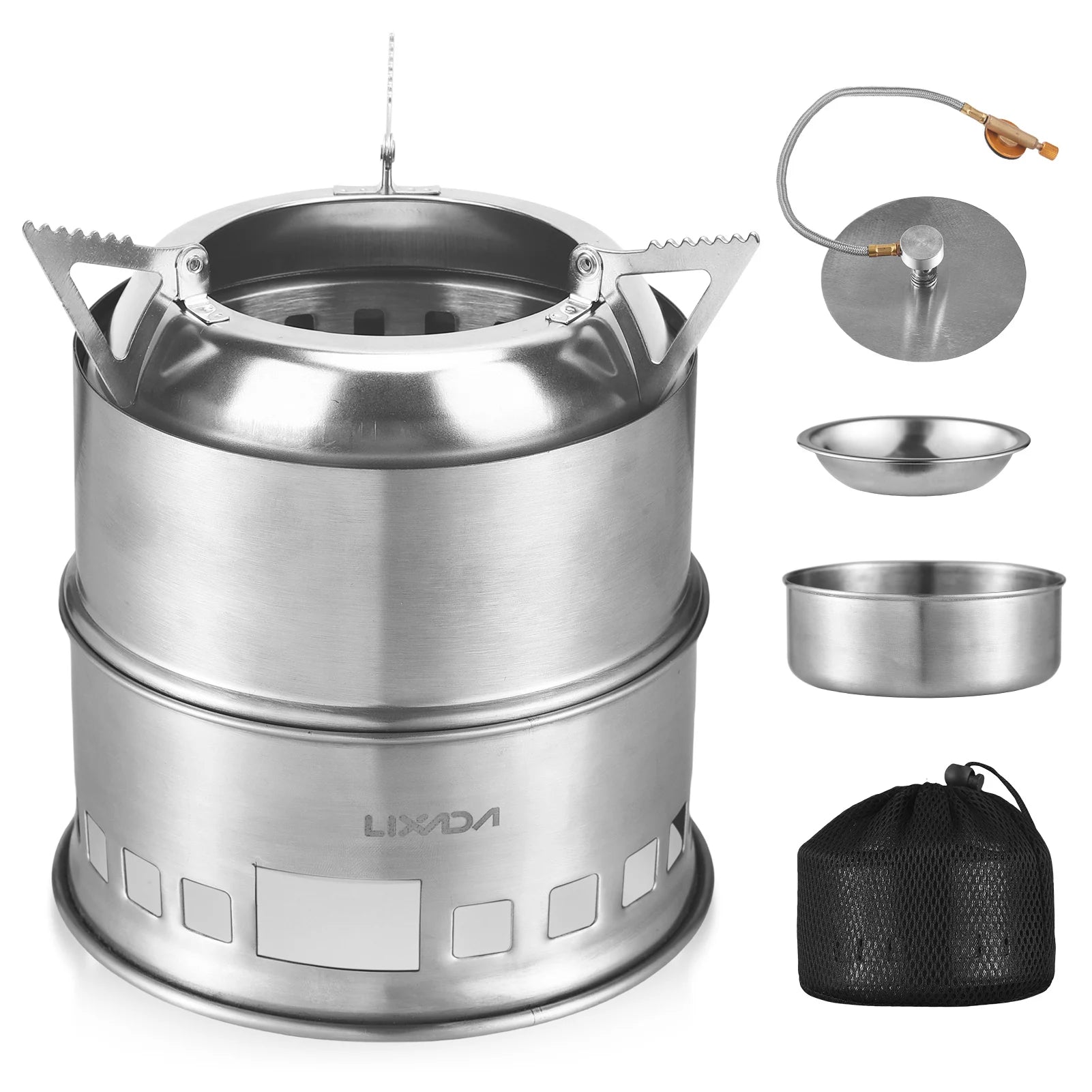 Camping Stove 3-in-1 Portable Stainless Steel Lightweight Wood Gas Solid Fuel Stoves for Outdoor Cooking Picnic BBQ