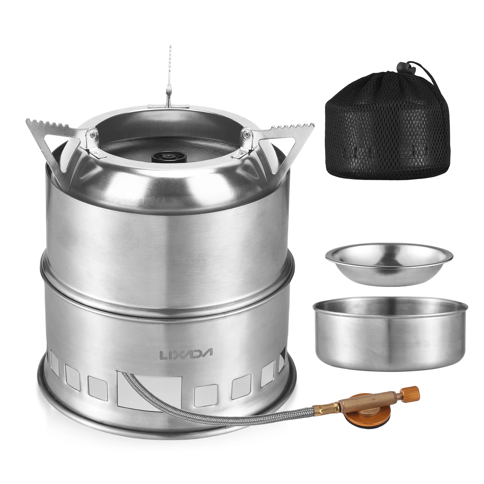Camping Stove 3-in-1 Portable Stainless Steel Lightweight Wood Gas Solid Fuel Stoves for Outdoor Cooking Picnic BBQ