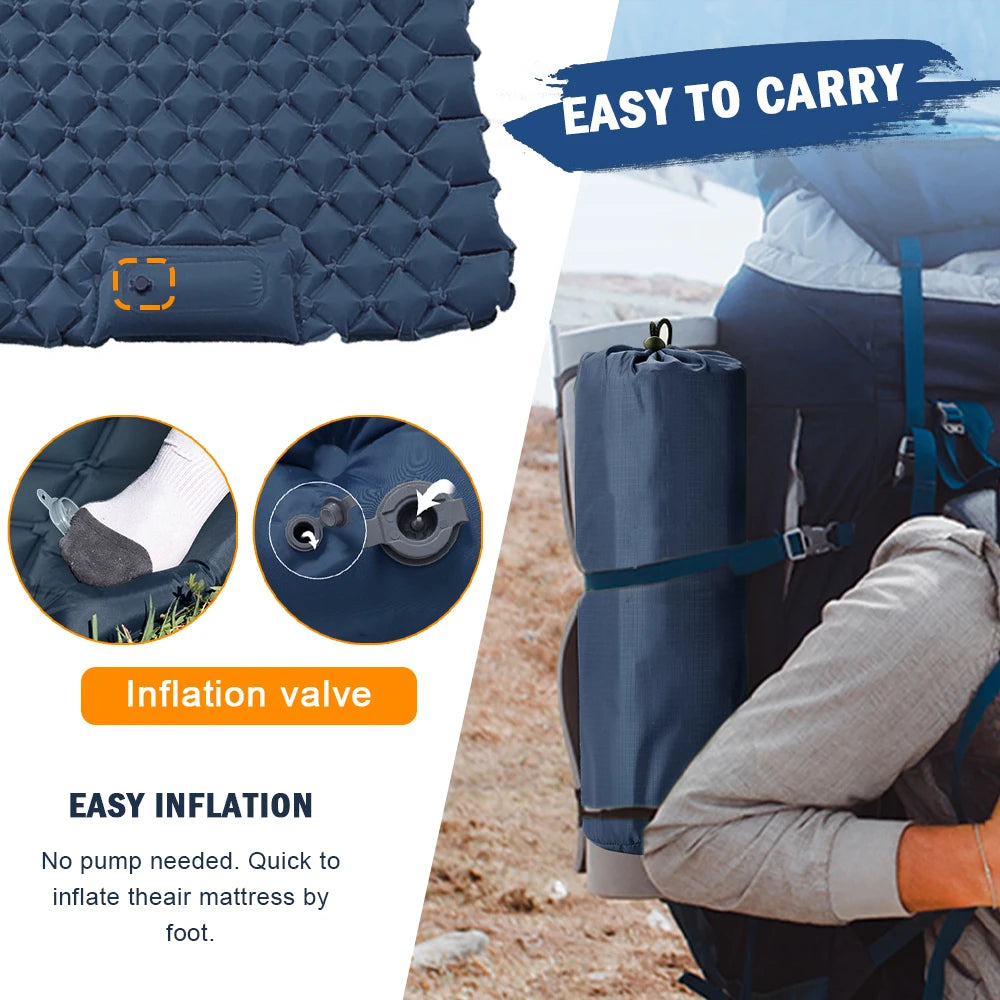 Double Sleeping Pad for Camping Inflatable Mattress with Pillow Outdoor Mat Travel Bed Cushion Built-in Pump 2 Person for Hiking