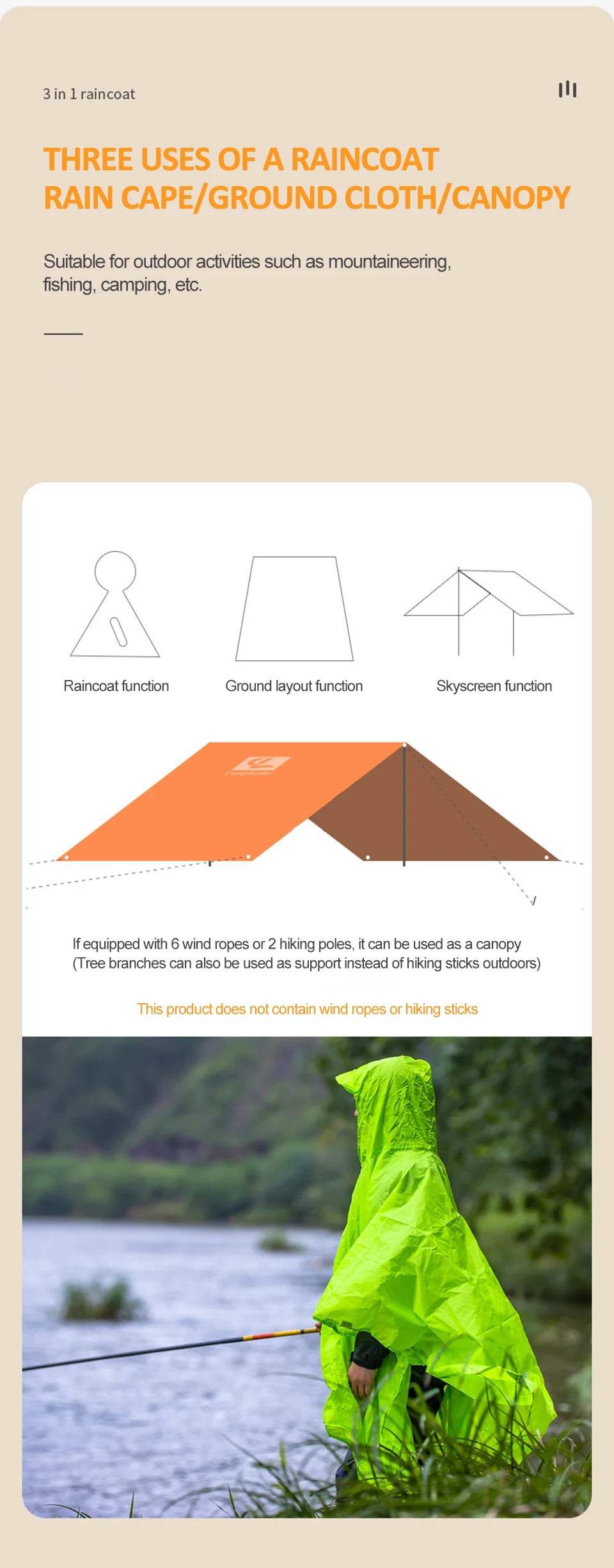 3 In 1 Outdoor Raincoat Hooded Sleeve Long Waterproof Rain Poncho Motorcycle Rain Cover Camping Hiking Travel Rainwear Tent