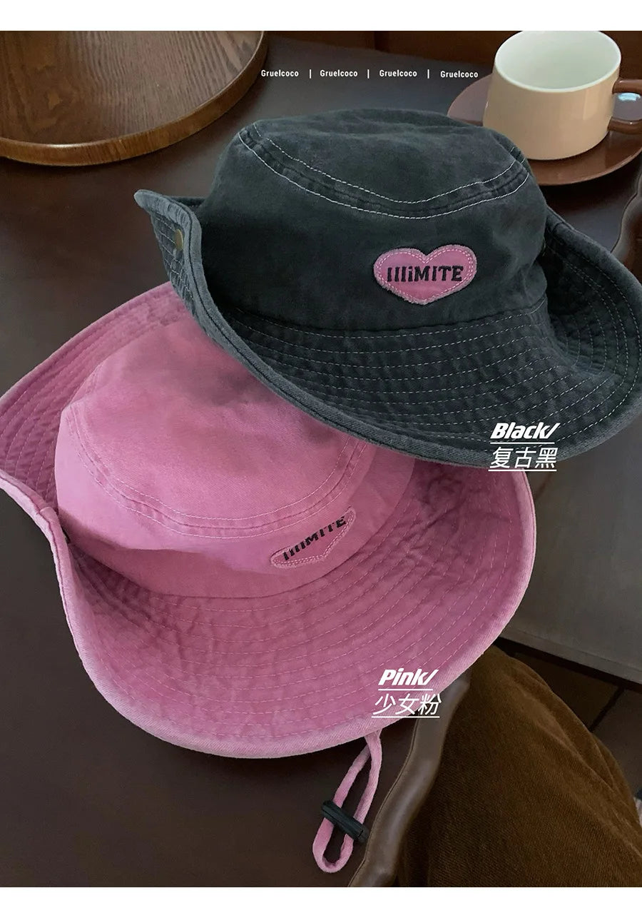 Japanese Retro Washed Cowboy Hats for Women Spring and Summer Outdoor Camping Sun Protection Sweet Pink Love Bucket Caps