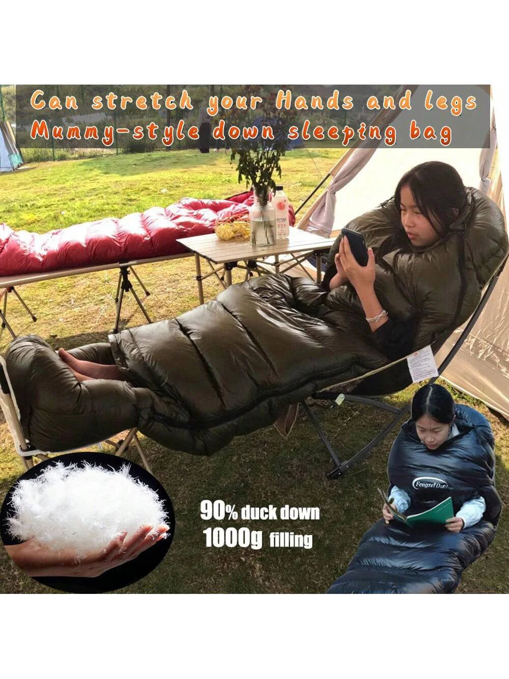 Outdoor camping, Can stretch hands and legs, 90% Duck down 1000g filling, Ultra-light and warm  Mummy down sleeping bag