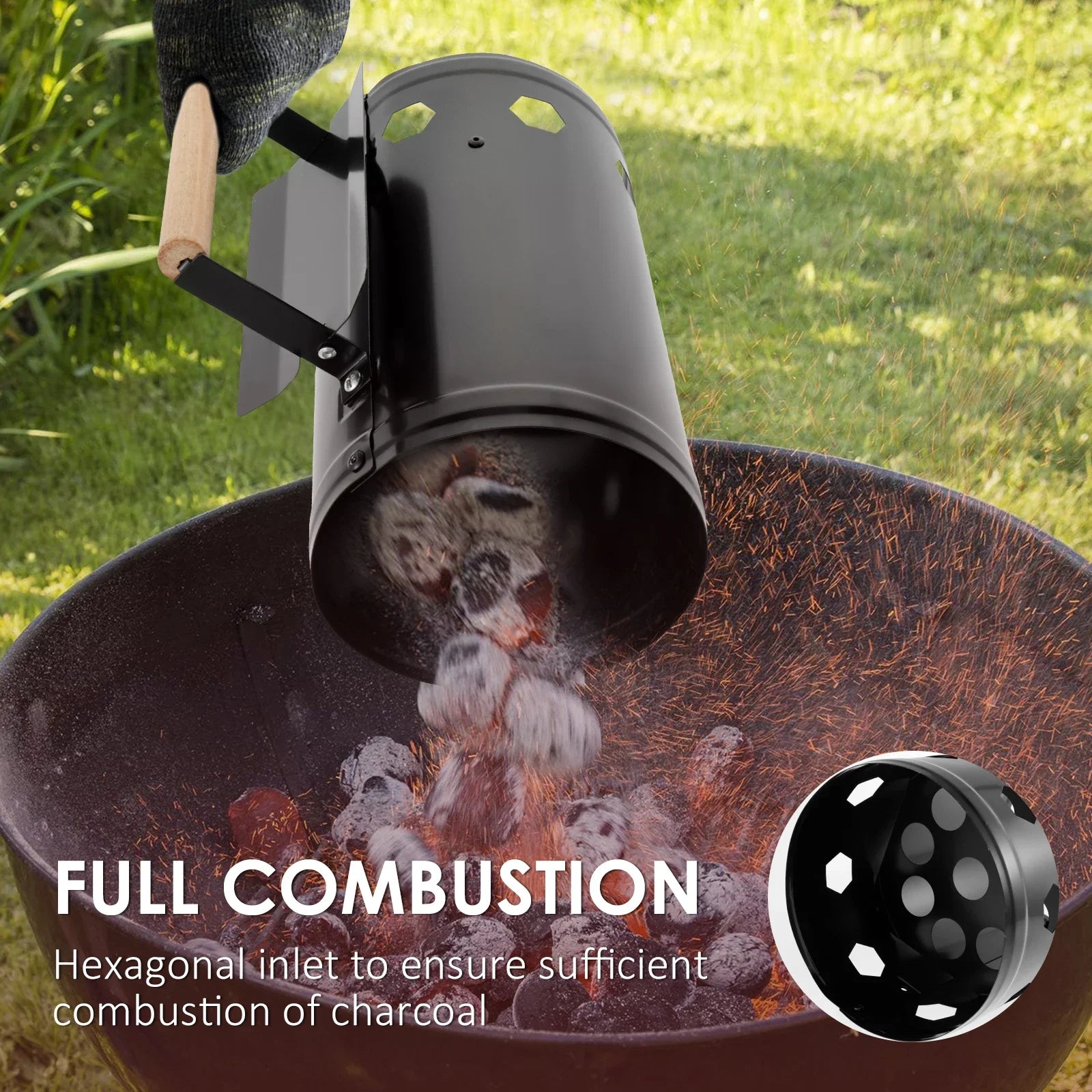 Charcoal Chimney Starter with Wood Handle Rapid BBQ Chimney Starter Fire Briquette Starters Can Canister For Grilling Tool