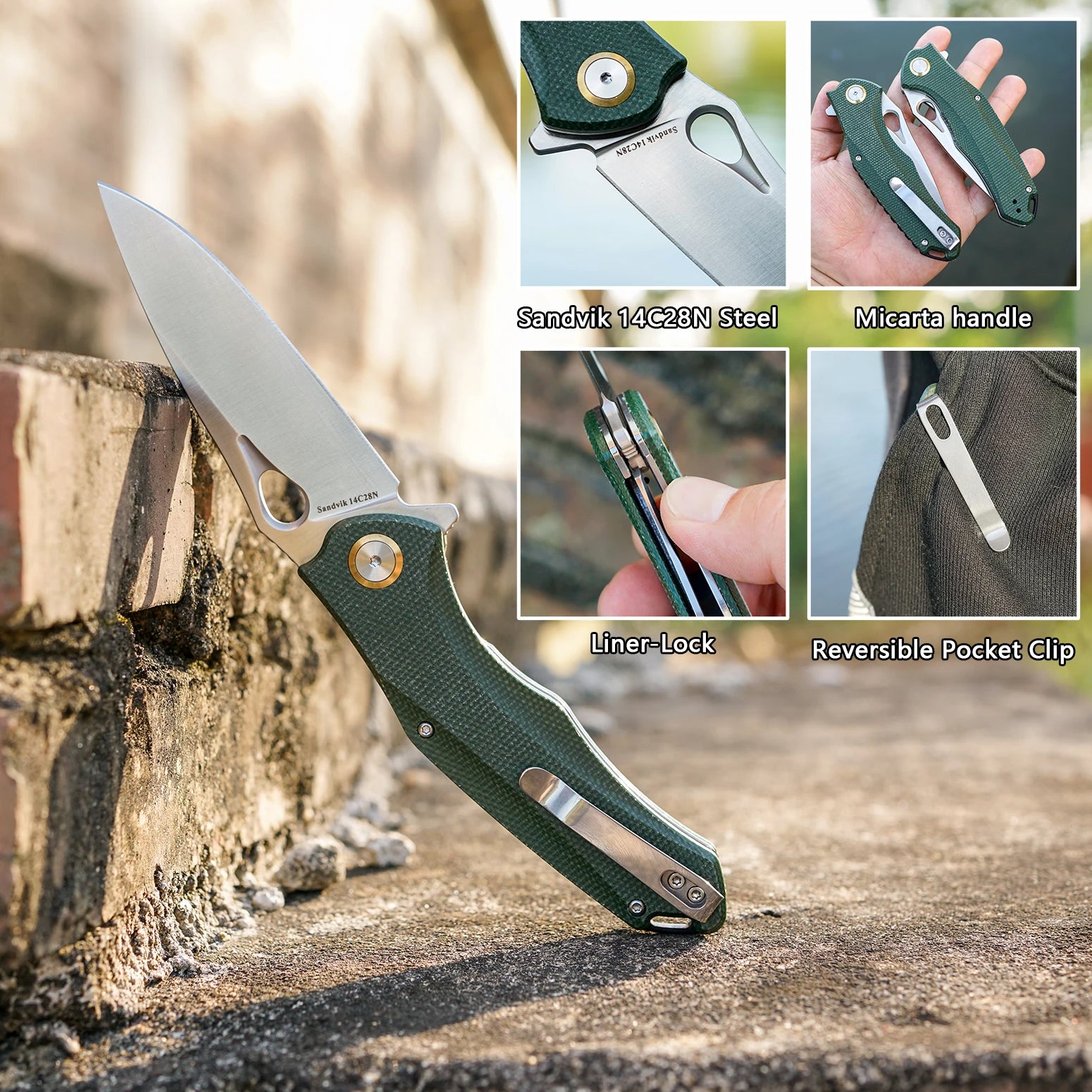 Practical Pocket knife made with14C28N Steel,Reversible Deep-carry Pocket Clip,Flipper. For Outdoor Camping and Gift, EDC Knife