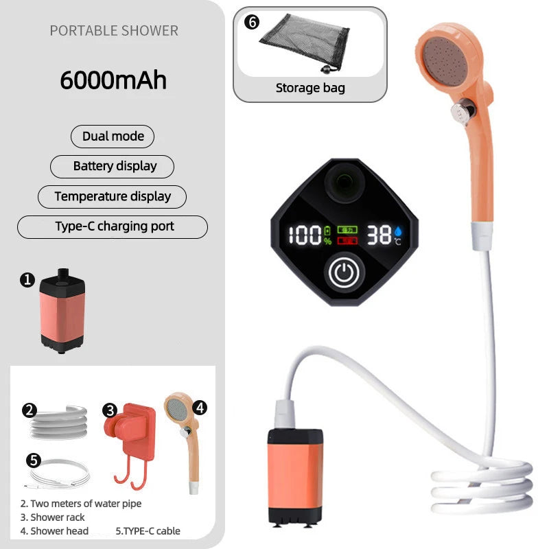 Portable Shower for Camping 6000mAh Rechargeable Camping Shower with Shower Head Intelligent LED Display Electric Shower Pump