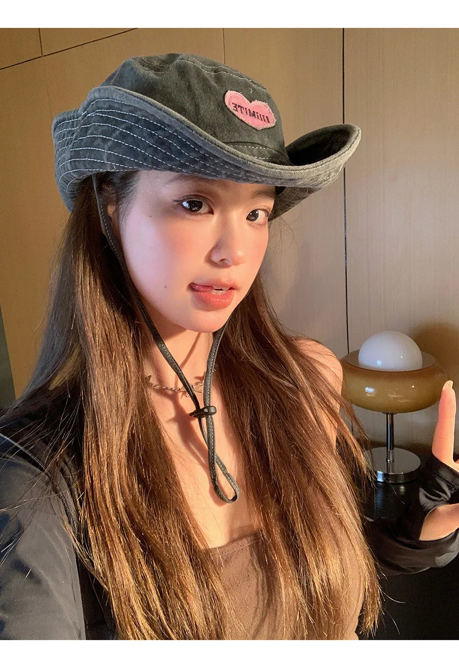 Japanese Retro Washed Cowboy Hats for Women Spring and Summer Outdoor Camping Sun Protection Sweet Pink Love Bucket Caps