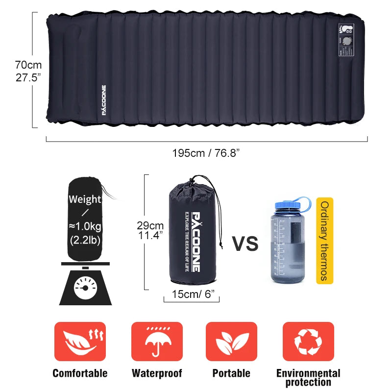PACOONE 10Cm Thicken Sleeping Pad Ultralight Self-inflating Air Mattress Splicing Bed Beach Picnic Mat Camping Tent Air Cushion