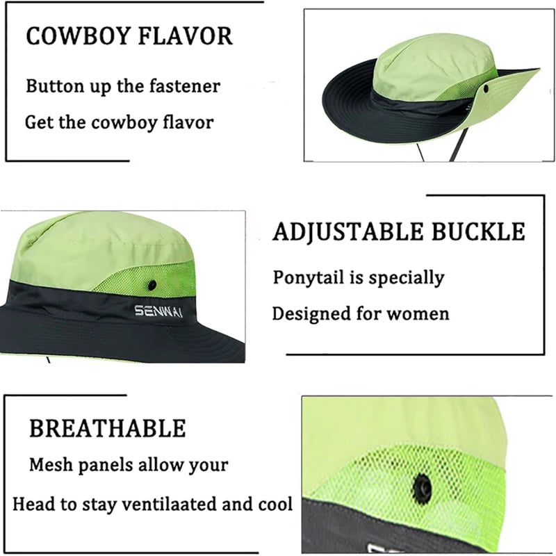Camping Hiking Bucket Hat Wide Brim Quick Drying Breathable Traveling Foldable Sunshade Sun Ponytail Cap With Chin Strap