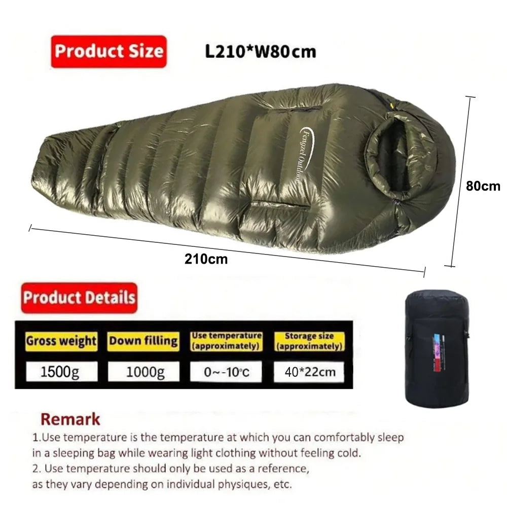 Outdoor camping, Can stretch hands and legs, 90% Duck down 1000g filling, Ultra-light and warm  Mummy down sleeping bag