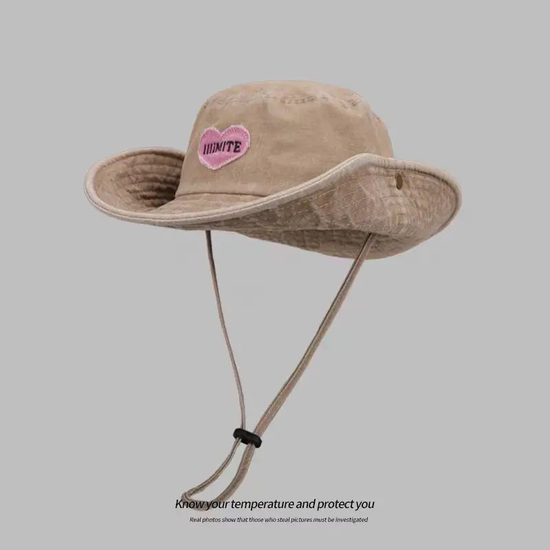 Japanese Retro Washed Cowboy Hats for Women Spring and Summer Outdoor Camping Sun Protection Sweet Pink Love Bucket Caps