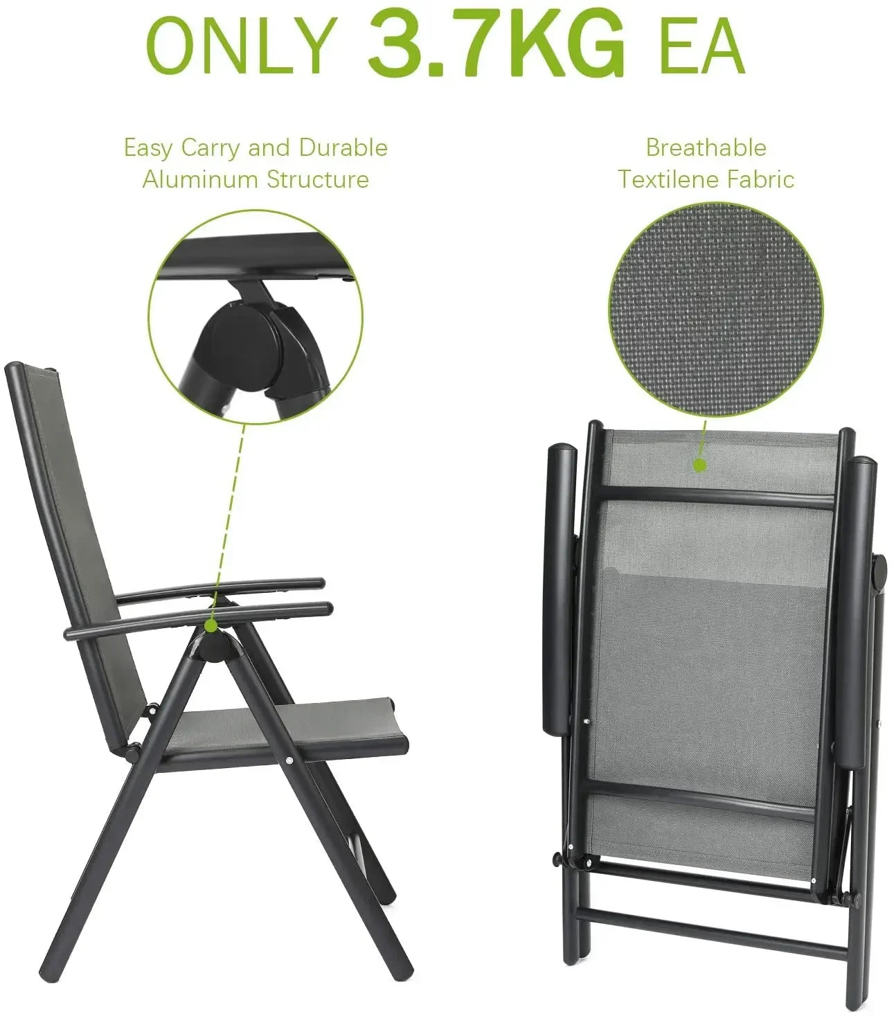 Homfa 2PC Balcony Chairs Set Garden Chairs Folding Chair 7-Way Adjustable Angle, Aluminium Camping Chair, Heavy Duty Load 150kg