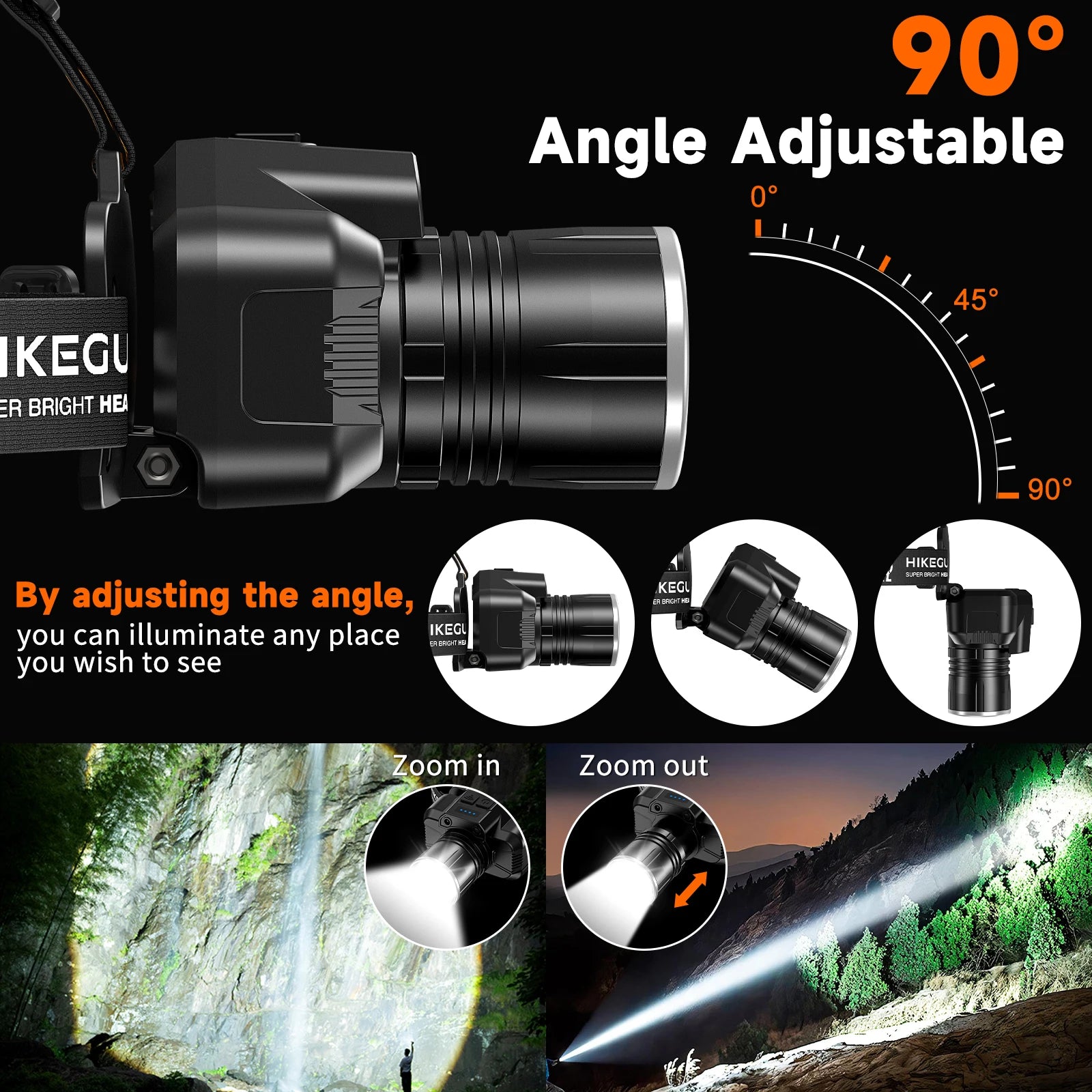 LED Rechargeable Headlamp, High Lumens Headlight with Sensor 6 Modes Waterproof 90° Adjustable Zoom for Hiking Camping