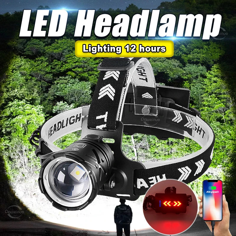 9000000LM 600W Ultra Powerful Headlamp Head Lantern Front Light 8000LM L2 Rechargeable Type C LED Head Flashlight For Fishing