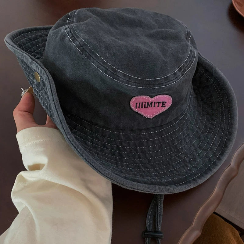 Japanese Retro Washed Cowboy Hats for Women Spring and Summer Outdoor Camping Sun Protection Sweet Pink Love Bucket Caps