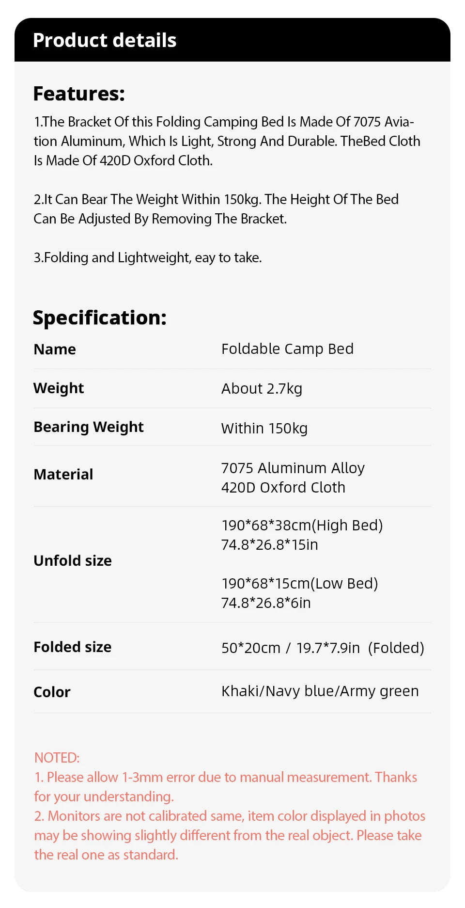 Camping Cot Folding Camping Bed Portable Outdoor Bed Comfortable Sleeping Cots for Adults & Kids Camping, Travel, RV