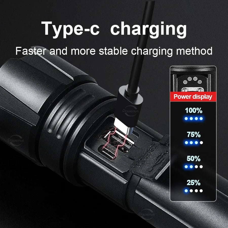 Powerful Flashlights Rechargeable LED Flash Lights Battery Display Hand Lantern Waterproof Lamps Outdoor Adventure Camping Torch