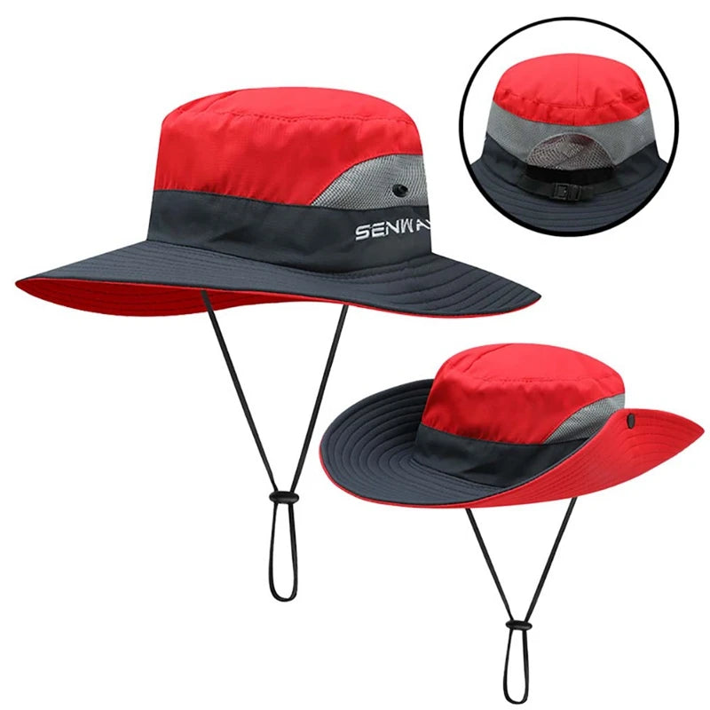Camping Hiking Bucket Hat Wide Brim Quick Drying Breathable Traveling Foldable Sunshade Sun Ponytail Cap With Chin Strap