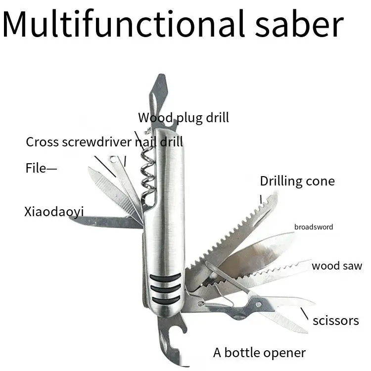 Portable 11 in 1 Fold Pocket knife Carry Around Multifunction Outdoor Emergency Tools Stainless Steel Bottle Opener Cork Drill