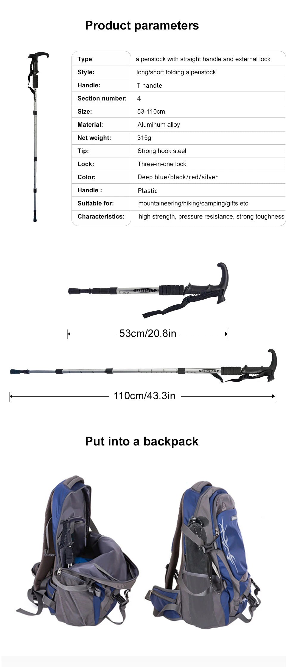 Outdoor Folding Trekkings Pole 4-Section Portable Walking Hiking Telescopic Stick Lightweight Camping Climbing Trekking Stick