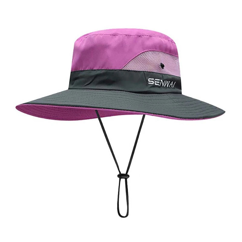 Camping Hiking Bucket Hat Wide Brim Quick Drying Breathable Traveling Foldable Sunshade Sun Ponytail Cap With Chin Strap