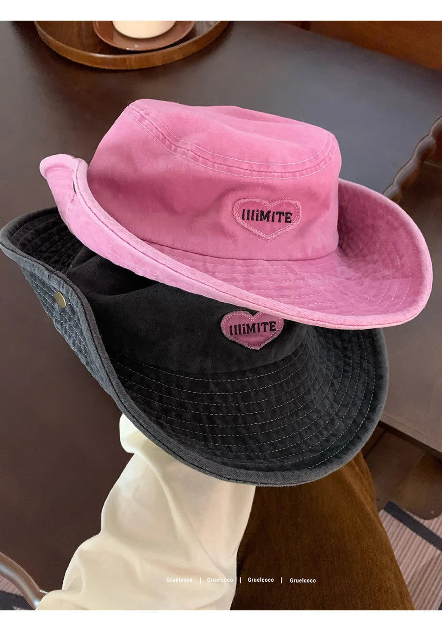 Japanese Retro Washed Cowboy Hats for Women Spring and Summer Outdoor Camping Sun Protection Sweet Pink Love Bucket Caps