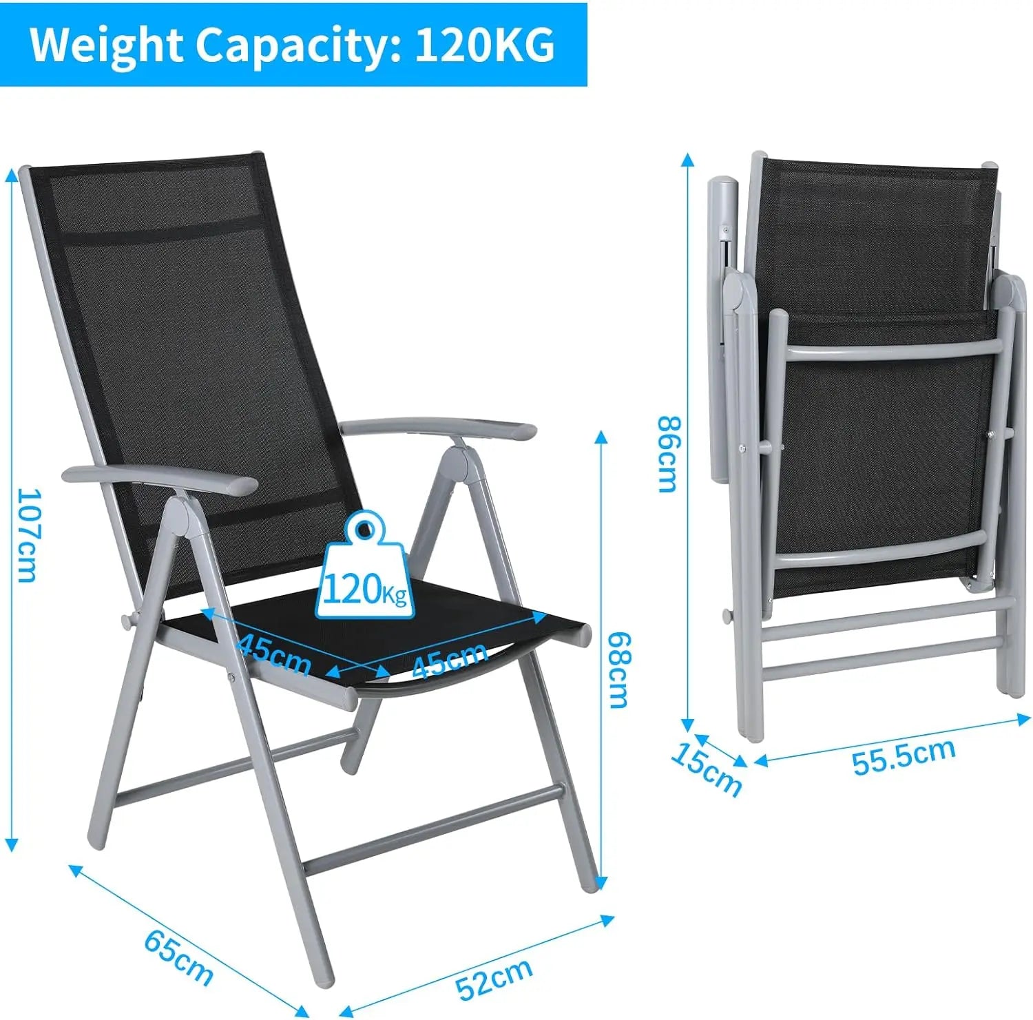 Homfa 2PC Balcony Chairs Set Garden Chairs Folding Chair 7-Way Adjustable Angle, Aluminium Camping Chair, Heavy Duty Load 150kg