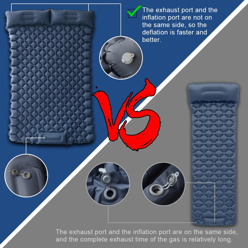 Double Sleeping Pad for Camping Inflatable Mattress with Pillow Outdoor Mat Travel Bed Cushion Built-in Pump 2 Person for Hiking