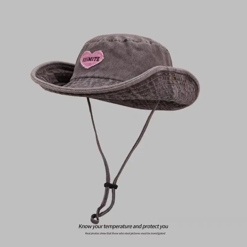 Japanese Retro Washed Cowboy Hats for Women Spring and Summer Outdoor Camping Sun Protection Sweet Pink Love Bucket Caps