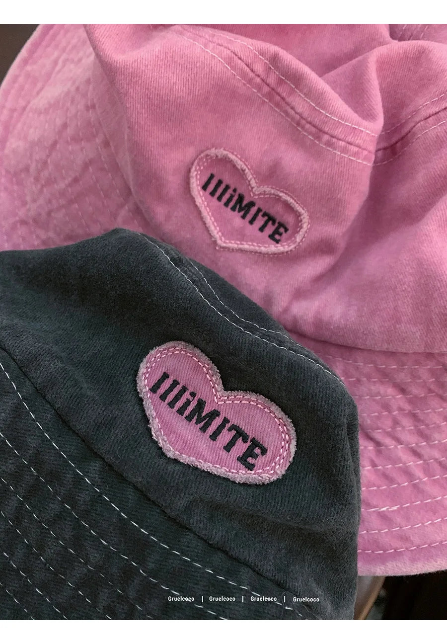 Japanese Retro Washed Cowboy Hats for Women Spring and Summer Outdoor Camping Sun Protection Sweet Pink Love Bucket Caps