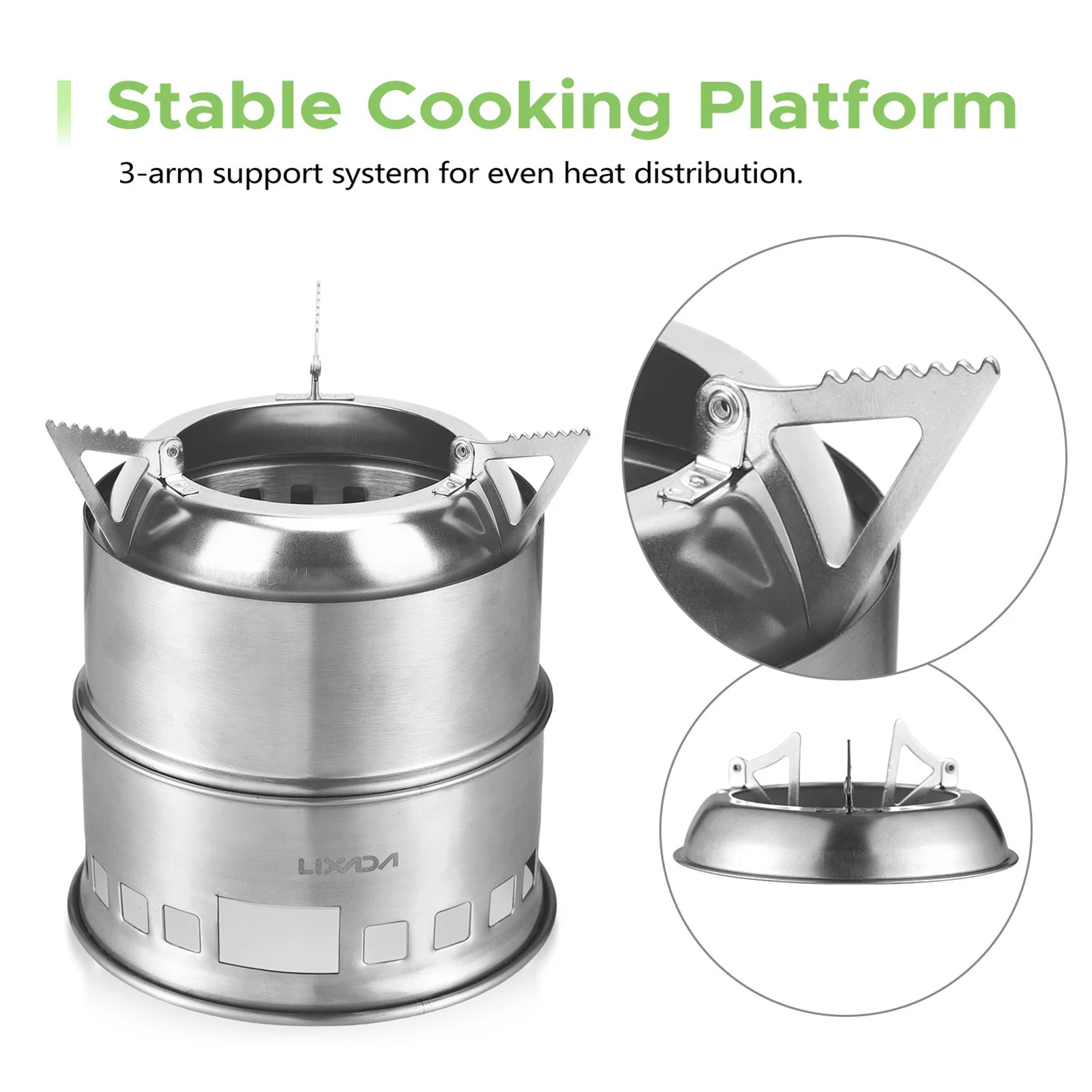 Camping Stove 3-in-1 Portable Stainless Steel Lightweight Wood Gas Solid Fuel Stoves for Outdoor Cooking Picnic BBQ