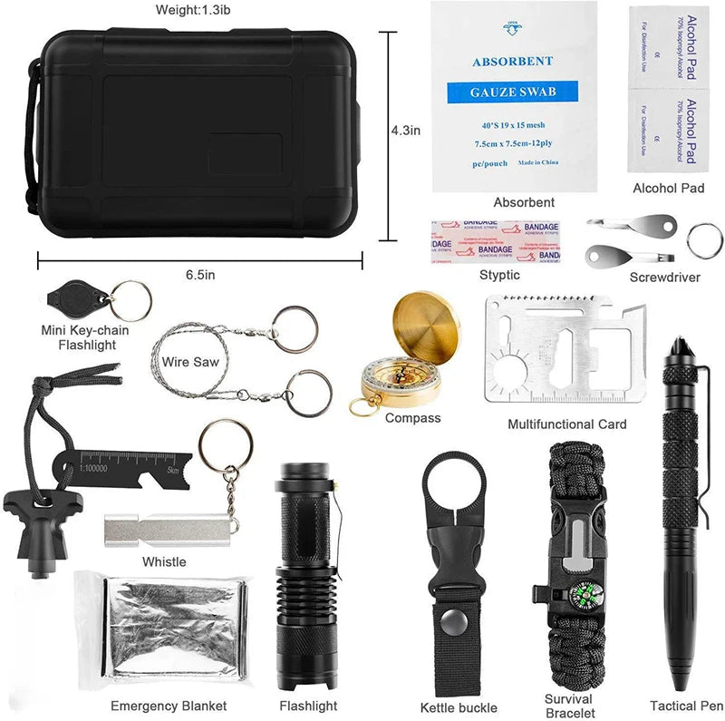 Survival kit set military outdoor travel mini camping tools aid kit emergency  survive Wristband whistle blanket knife