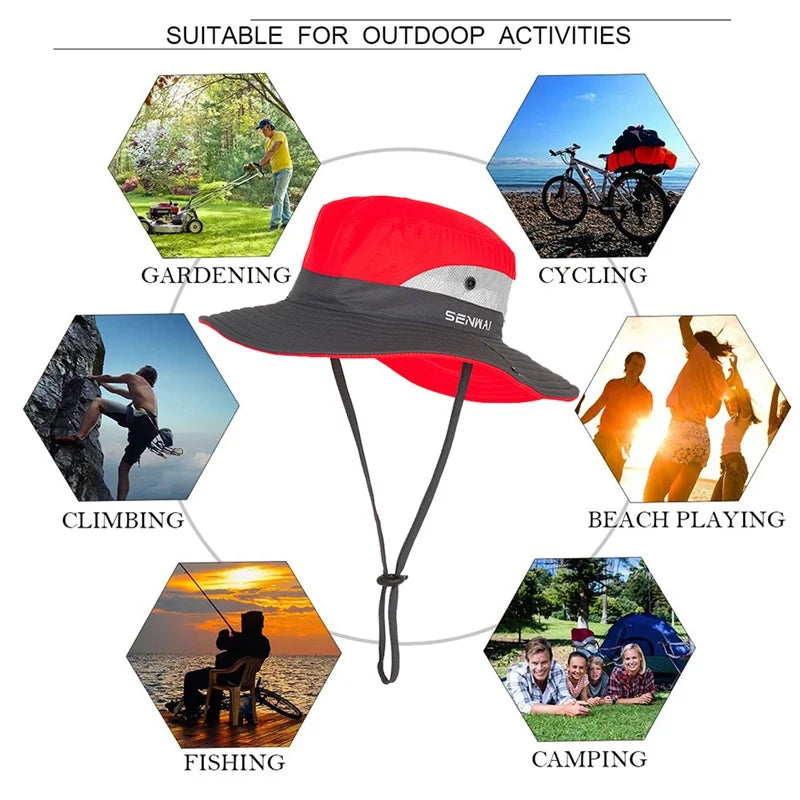 Camping Hiking Bucket Hat Wide Brim Quick Drying Breathable Traveling Foldable Sunshade Sun Ponytail Cap With Chin Strap