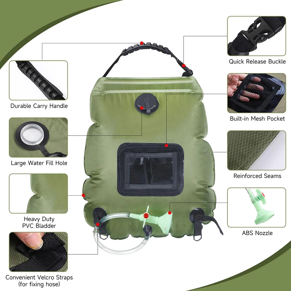 1pcs 20 Liter Portable Solar Heated Camping Shower Bag With Detachable Hose Switch Shower Head Suitable For Camping Trips