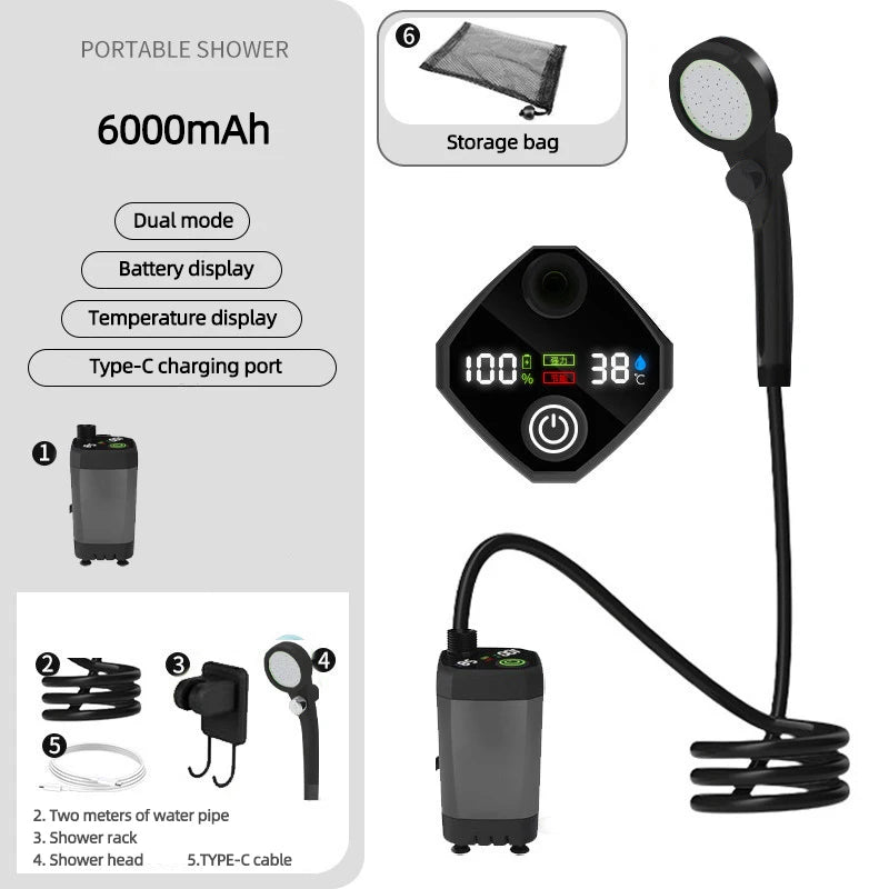 Portable Shower for Camping 6000mAh Rechargeable Camping Shower with Shower Head Intelligent LED Display Electric Shower Pump